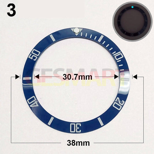 38mm Ceramic blue bezel with silver font and green luminous accents for watch repair - Brand Name.