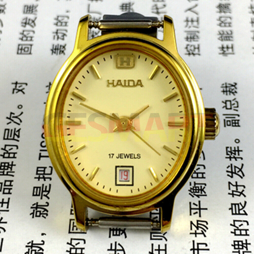 23mm lady watch with golden nail oval case, 17-jewel manual movement, single calendar @6