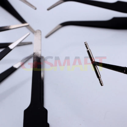Set of 6 black-plated anti-static stainless steel tweezers for watch and jewelry repair in PVC bag.