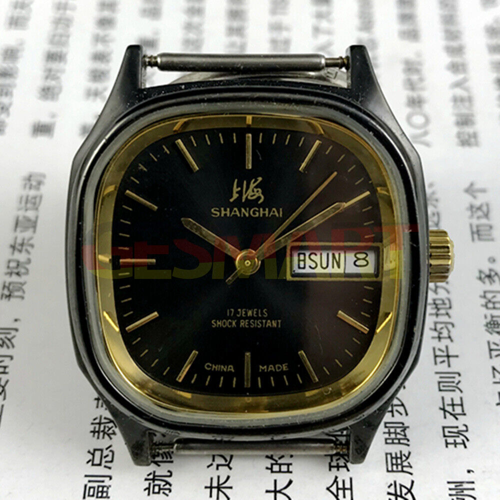 Shanghai Factory 33mm manual mechanical watch with double calendar, black dial, classic style for everyday wear.