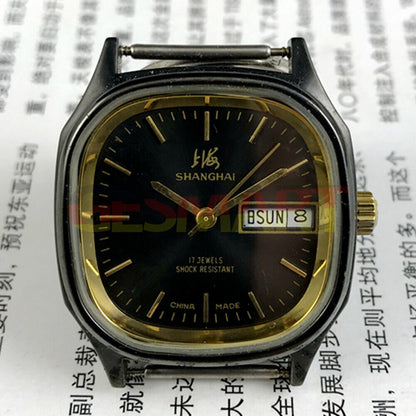 Shanghai Factory 33mm manual mechanical watch with double calendar, black dial, classic style for everyday wear.
