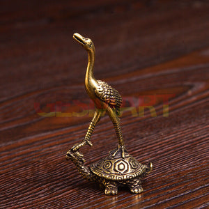 Solid Copper Turtle and Crane Trinket Vintage Hand Carved Bronze Model Figurines