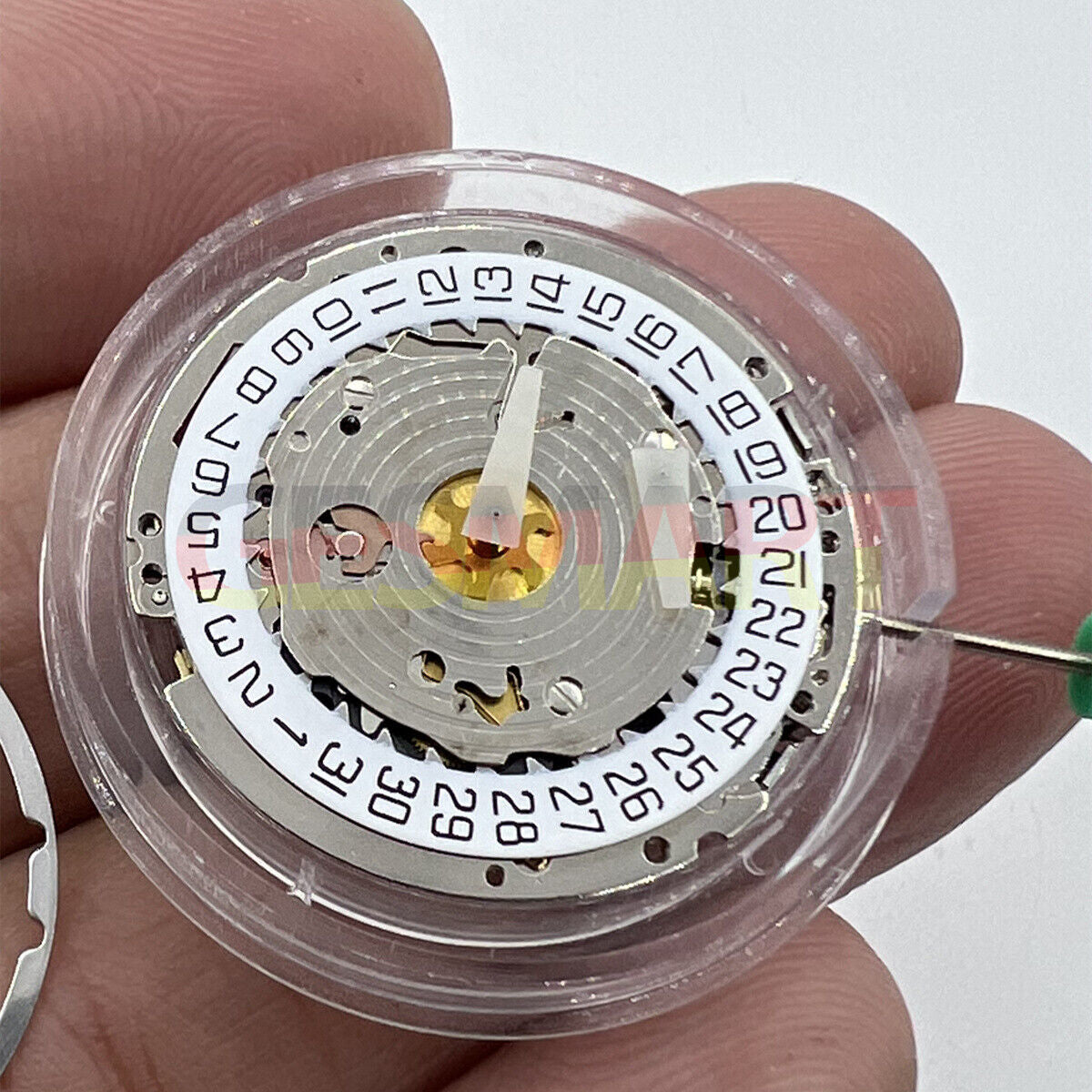 Watchmakers ISA 8171 silver quartz watch movement with date at 4 o'clock, multi-function repair part