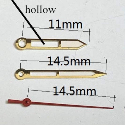 Golden trim hollow 14.5mm watch hands set for Miyota 2035 quartz movement, stylish accessory.