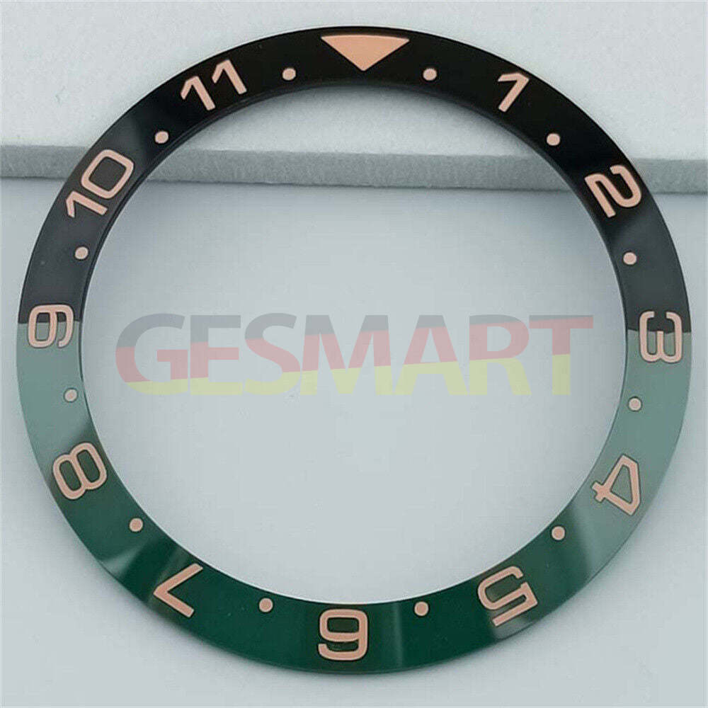 Black and green 38mm ceramic GMT bezel with white and gold font, compatible with SUB watches.