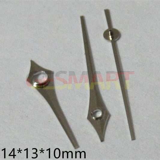 14mm silver arrow-shaped watch hands set for Miyota 2035, 2115, 2105, 2305 movements.