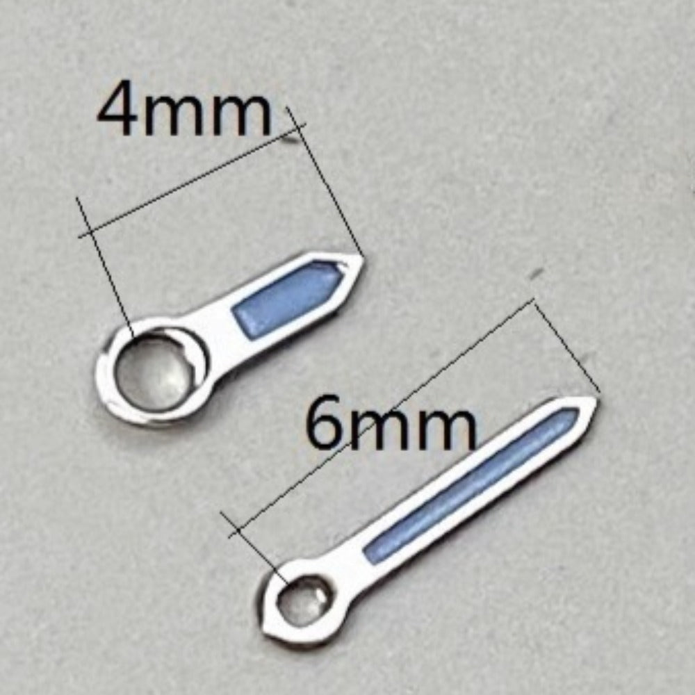Silver-trimmed blue watch hands, 4x6mm, for Ronda 763, 762, 751, 1062, 1063 movements.