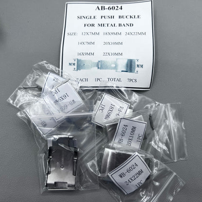 Seven sizes of Metan single push watch buckles for secure watch band fastening.