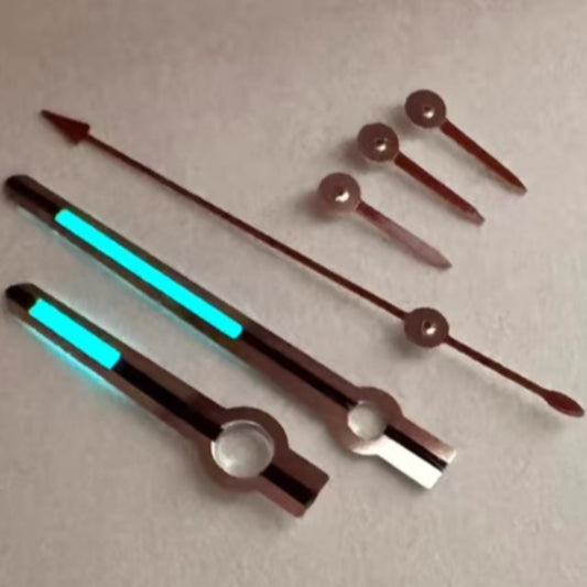 Blue lume watch hands with silver trim for RLX4130 movement, precision fit, enhancing readability and style.
