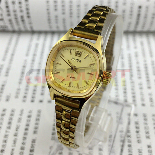 24mm SHANGHAI HAIDA golden nail square case manual mechanical lady watch, elegant timepiece for women