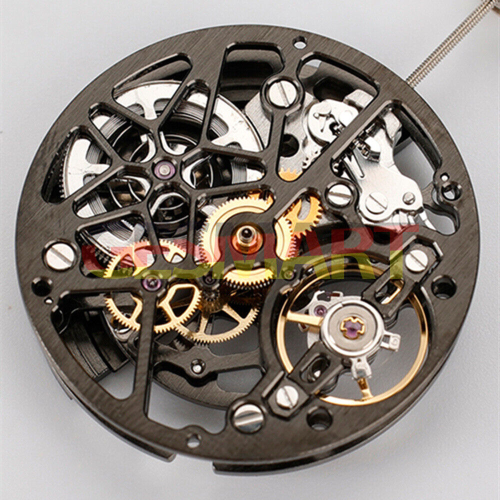 HZ1A02A silver, gold, and black hollow automatic mechanical watch movement by China Made, elegant design detail