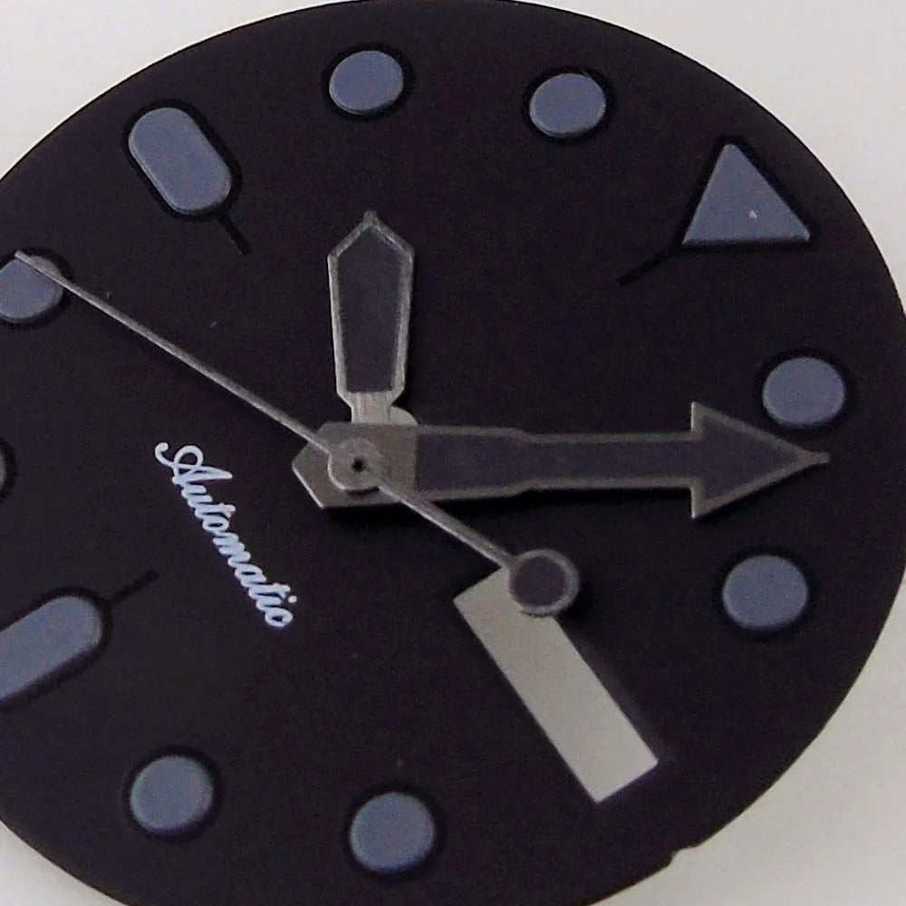 Nologo 29mm black dial with markers and hands for NH36 diver watch, double date function, 3/3.8 crown.