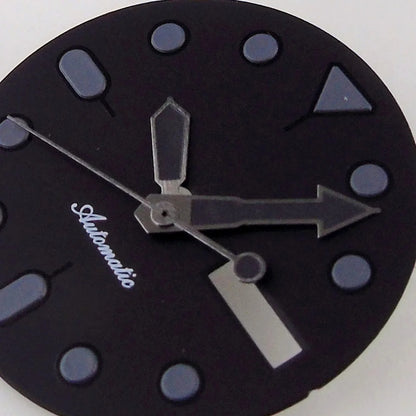 Nologo 29mm black dial with markers and hands for NH36 diver watch, double date function, 3/3.8 crown.
