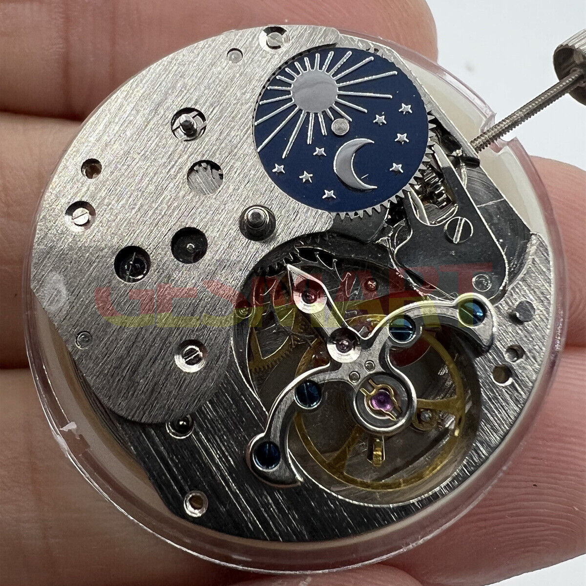 Automatic mechanical watch with small second at 10 o'clock and moon phase at 2 o'clock, China made.