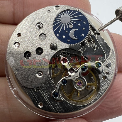 Automatic mechanical watch with small second at 10 o'clock and moon phase at 2 o'clock, China made.