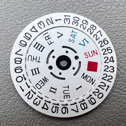White date display with Roman and English weekday wheel for NH36 movement, crown at 3 o'clock.