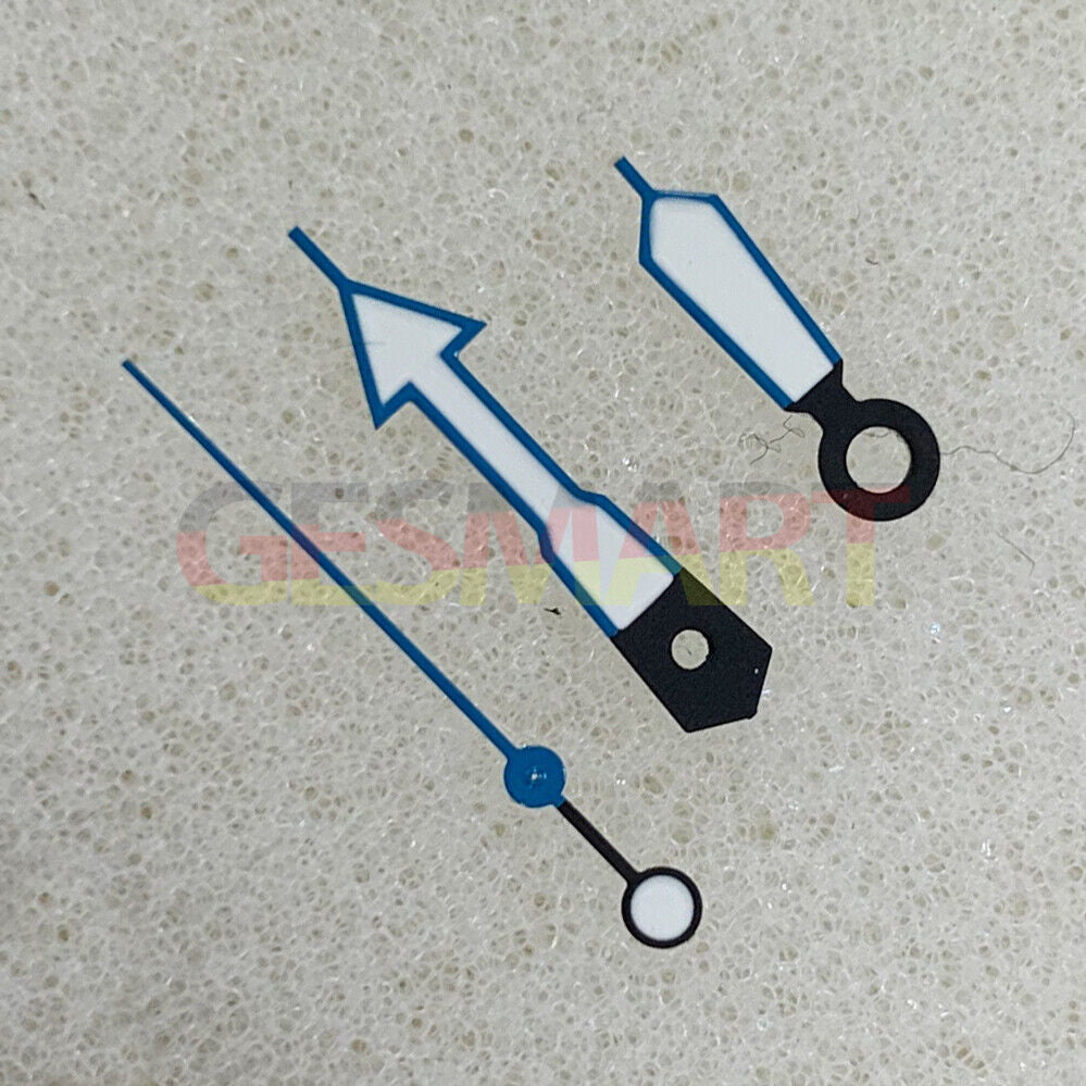 Arrow-shaped blue trim watch hands with green luminous tips for NH35/NH36/4R/7S movement, Seiko compatible.