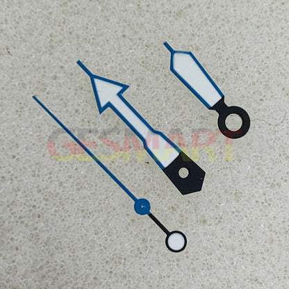 Arrow-shaped blue trim watch hands with green luminous tips for NH35/NH36/4R/7S movement, Seiko compatible.
