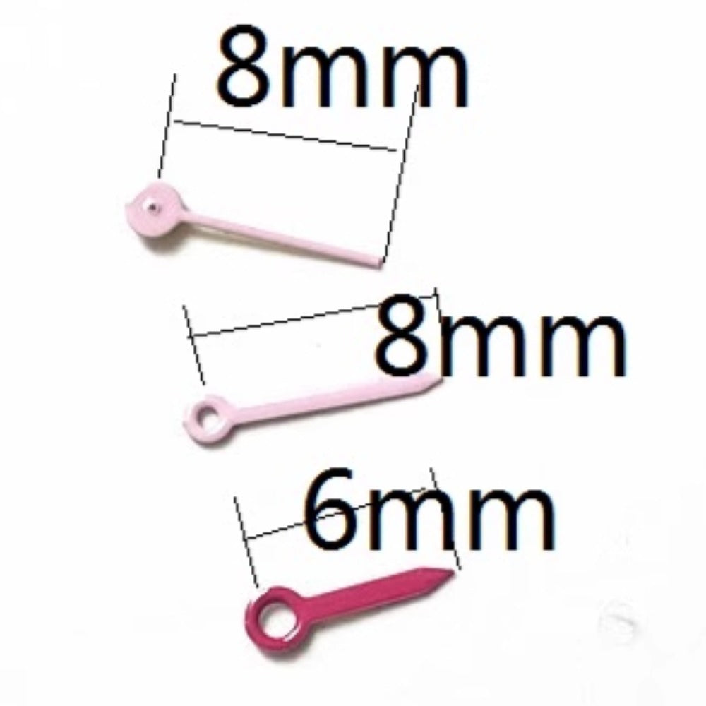 Pink and purple trimmed short watch hands for Miyota 2035 quartz, perfect for stylish repairs.