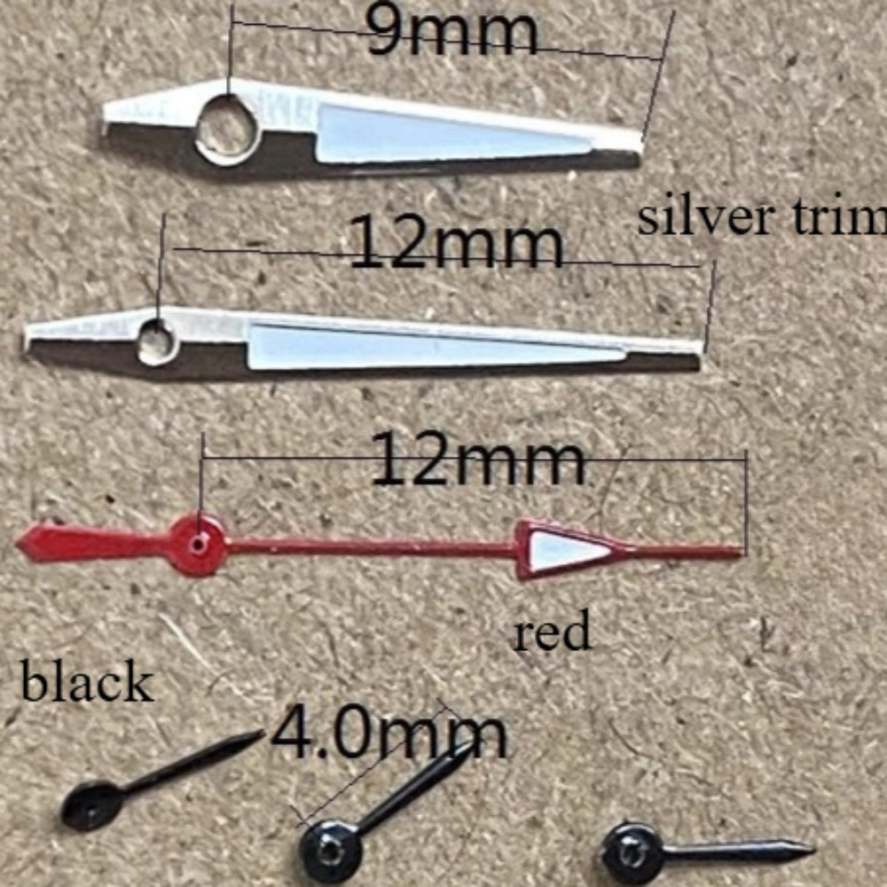 12mm silver and red trimmed green lume watch hands for Miyota OS10 OS20 OS30 movement