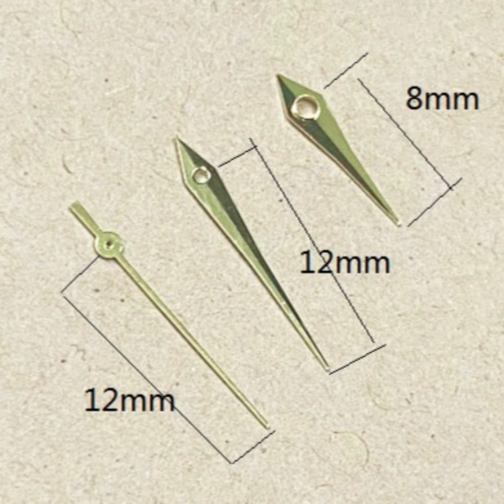 Golden arrow-shaped watch hands, 12x12x8mm, compatible with Miyota 2035 quartz movement, precision timekeeping.