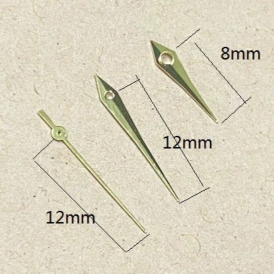 Golden arrow-shaped watch hands, 12x12x8mm, compatible with Miyota 2035 quartz movement, precision timekeeping.