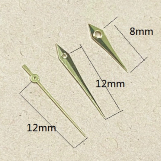 Golden arrow-shaped watch hands 12x12x8mm for Miyota 2035 quartz movement, stylish and precise.