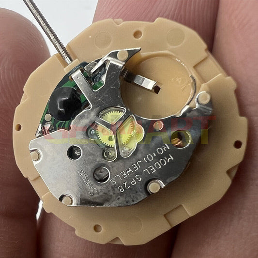 Sunon SP28 quartz watch movement with date at 6 o'clock and three hands for precise timekeeping