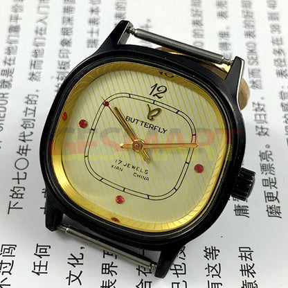 Yellow dial 32mm Chinese Xian manual watch with 17 jewels, black square case, classic mechanical timepiece.