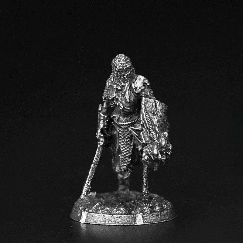 White Brass Figurine Undead Skeleton Warrior Miniature - Chainmail Sword and Shield Figure