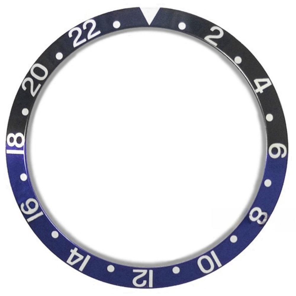 Vintage 36.5/30.8mm aluminum watch bezel in black and blue, 2-22 SUB style.