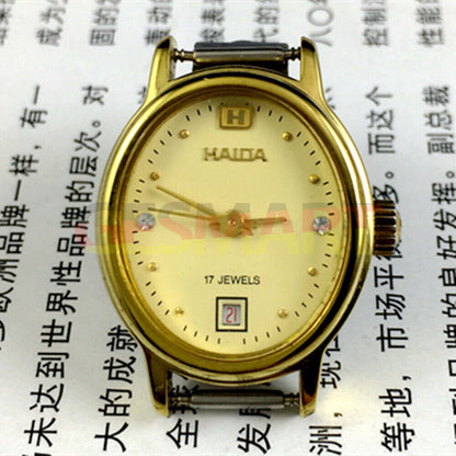 Elegant manual mechanical lady watch with imitation diamond markers, 17 jewels, single calendar at 6, classic style.