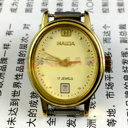 Elegant manual mechanical lady watch with imitation diamond markers, 17 jewels, single calendar at 6, classic style.