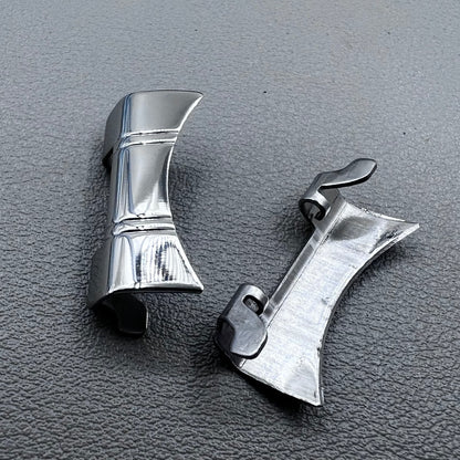 Set of 2 silver steel curved end links with spring bars for 24x12mm watch bands, enhancing bracelet fit.