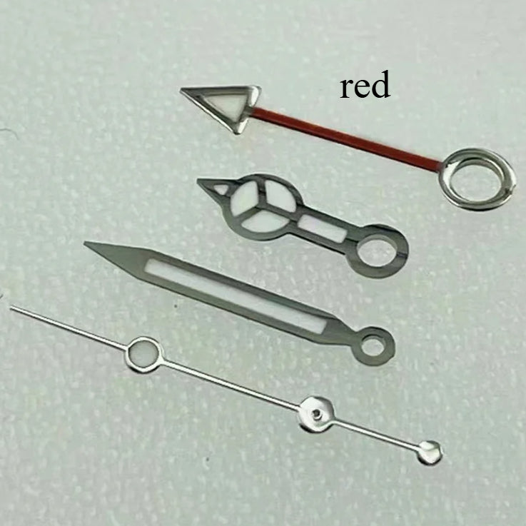 Red and silver trimmed blue luminous diving watch hands for NH34 GMT movement, precise timekeeping.