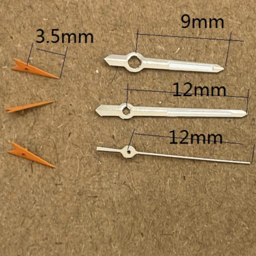 Orange and silver trimmed green lume watch hands for Miyota JS15 quartz movement, precise fit.