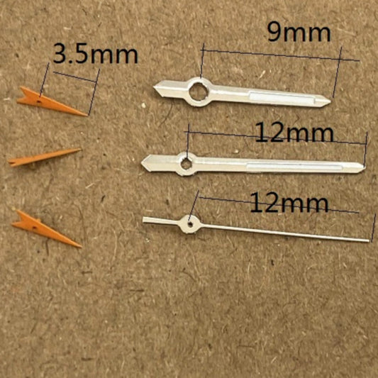 Orange and silver trimmed green lume watch hands for Miyota JS15 quartz movement, precise fit.
