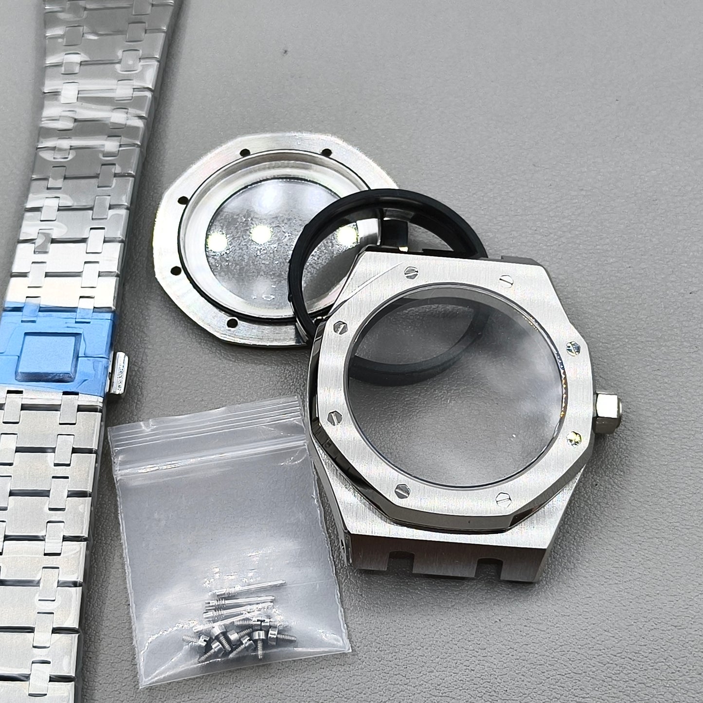 41mm Silver Watch Case Band Set Sapphire Glass Transparent Bottom for NH35 NH36