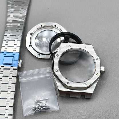 41mm Silver Watch Case Band Set Sapphire Glass Transparent Bottom for NH35 NH36