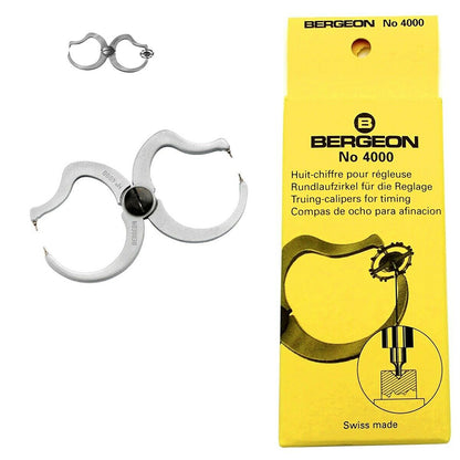 Bergeon 4000 truing tool calipers measuring balance escapement parts for precise watch repair accuracy.