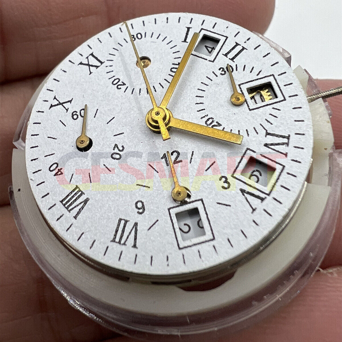 Asian 7750 Automatic Chronograph watch movement with white calendar at 4:30 and small seconds at 9, precision ETA 7750 design.