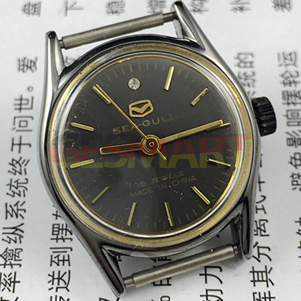 26mm round black case ladies watch with gold nails, Seagull manual movement for elegant style and precision.