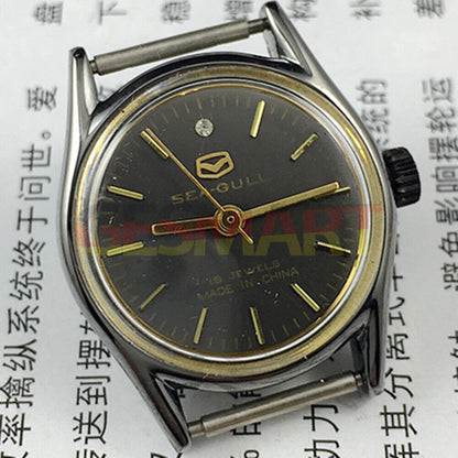 26mm round black case ladies watch with gold nails, Seagull manual movement for elegant style and precision.