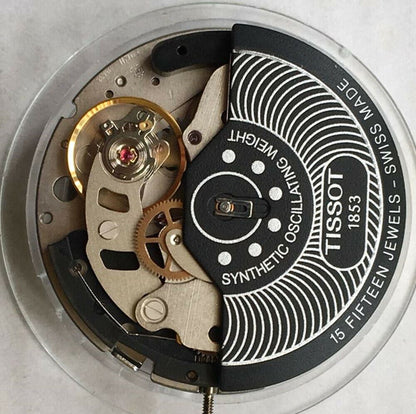 Swiss Made ETA C01.211 chronograph watch with black dial, mechanical movement, and elegant 1853 design details.