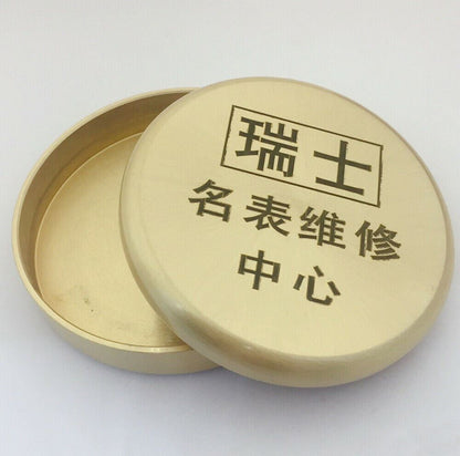 Brass watch oil benzine cup 72mm with anti-leak cover, essential tool for precise watchmaker maintenance.