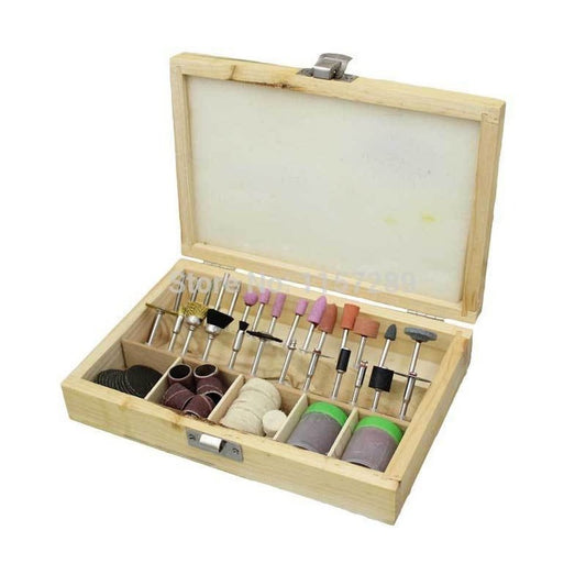 Rotary tool polishing wheel set with 100 pieces in wooden storage box for detailed watch accessory finishing.