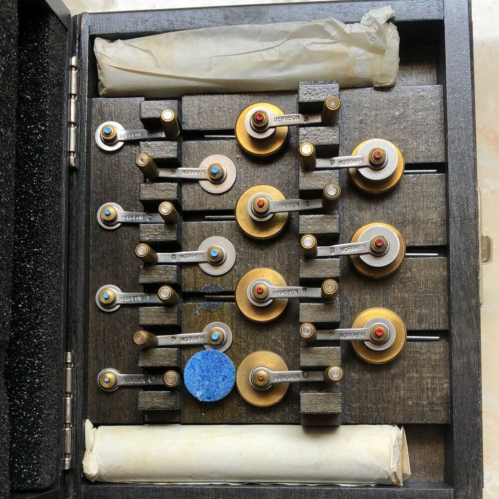 Bergeon 5355 wooden box mainspring winder set for precise Swiss watch repairs and adjustments
