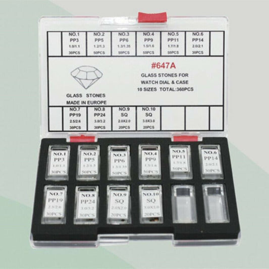 Set of 360 artificial glass stones in 10 sizes for watch dials and cases, perfect for repairs and decoration.