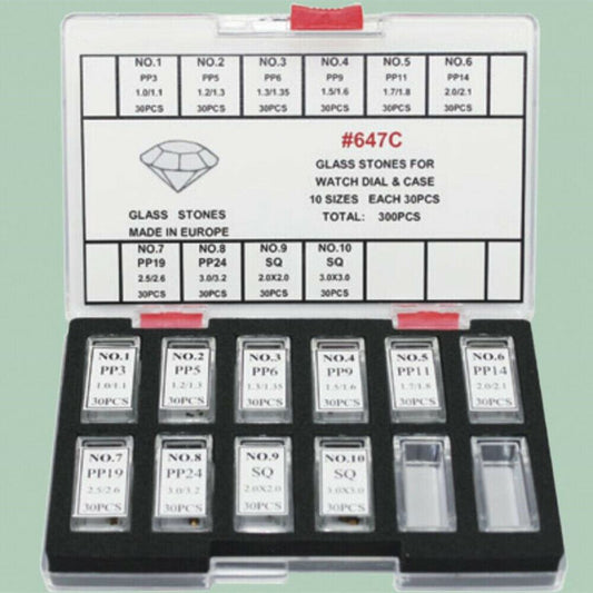 Assorted 300pcs artificial glass stones in 10 sizes for watch dials and cases, perfect watch accessory parts.