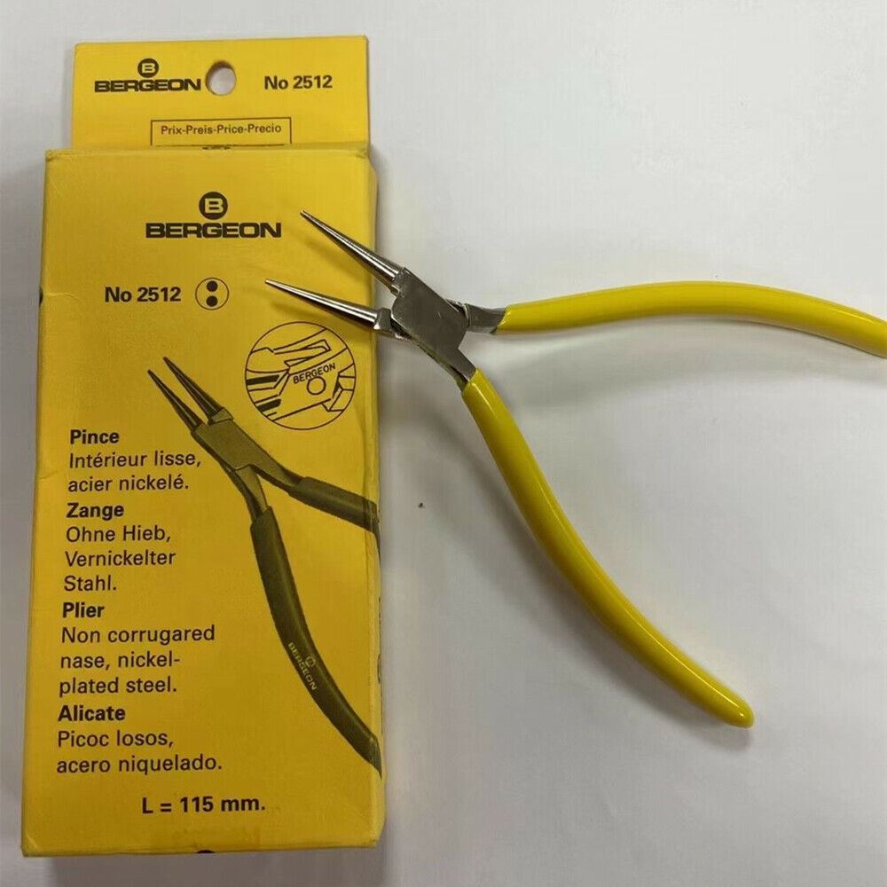 Bergeon 2512 round nose pliers, 115mm smooth box joint for precise watch repair and jewelry crafting.